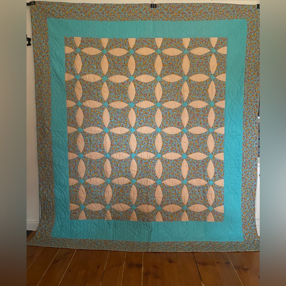 Vibrant Handmade Teal and Coral Pieced Quilt